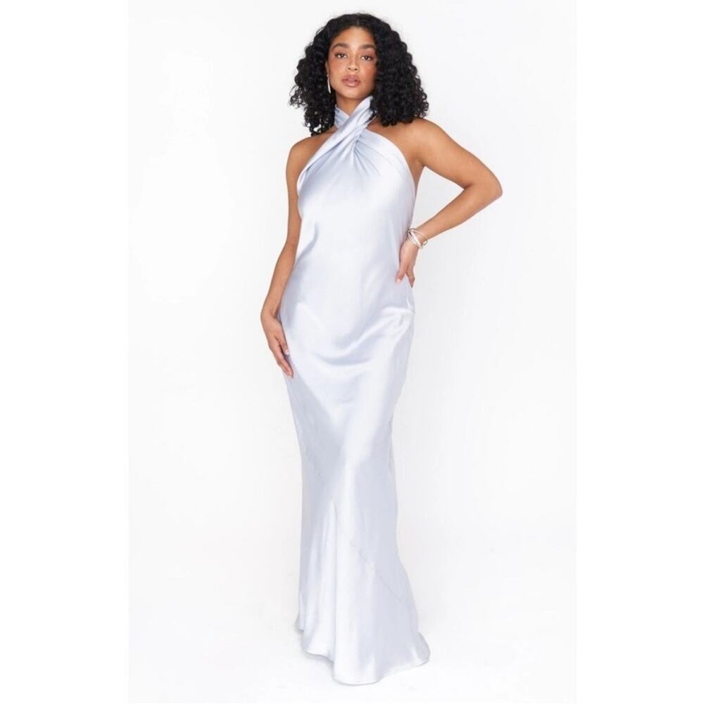 Show Me Your Mumu SMYM Jasmine Halter Maxi Dress in silver luxe satin NEW XS